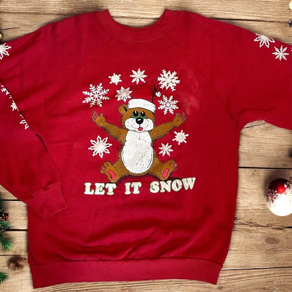 Vintage Christmas Sweatshirt Tultex Winter Teddy Bear Let it Snow L